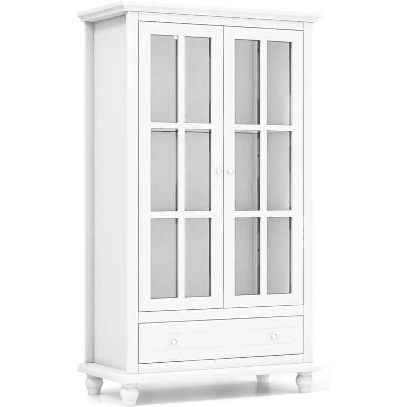foto del prodotto costway mobile libreria, vetrinetta espositiva alta con ante in vetro temperato, libreria verticale in legno con ripiani regolabili e cassetto, per