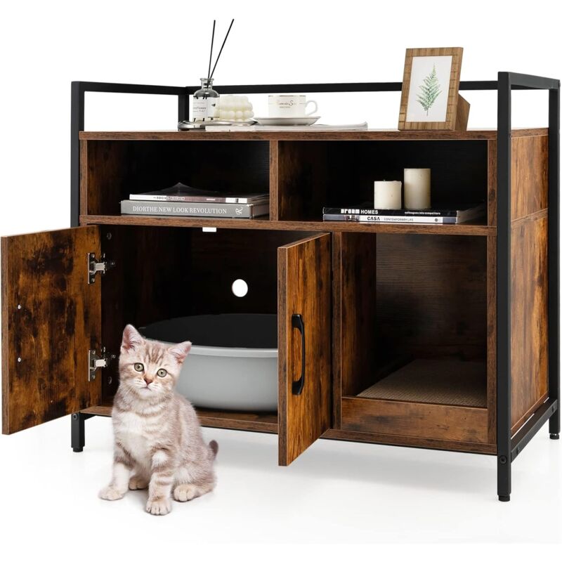 foto del prodotto costway mobile per lettiera gatti con ripiani aperti e ripiani chiusi con maniglie, mobiletto multiuso in legno e metallo, ideale per ingresso e