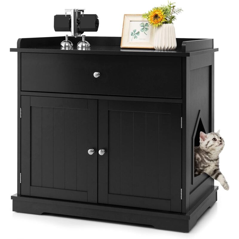 foto del prodotto costway mobile per lettiera gatti in legno, con portaoggetti, 2 ante, cassetto e ingresso laterale, mobiletto multiuso per ingresso e soggiorno, 76