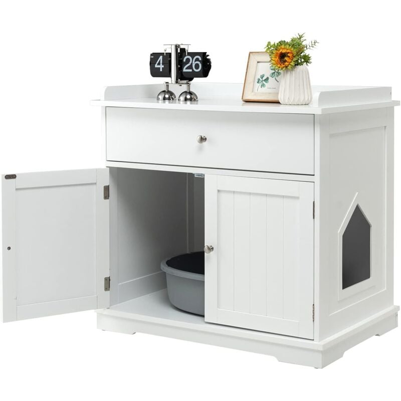 foto del prodotto costway mobile per lettiera gatti in legno, con portaoggetti, 2 ante, cassetto e ingresso laterale, mobiletto multiuso per ingresso e soggiorno, 76
