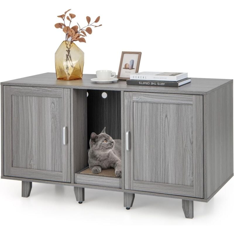 foto del prodotto costway mobile per lettiera per gatti 120 x 52 x 65 cm, casetta per gatti con 2 ante, fori, tiragraffi e gambe staccabili, mobile versatile e