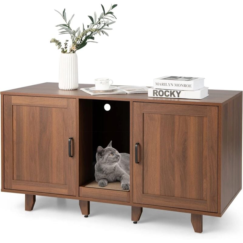 foto del prodotto costway mobile per lettiera per gatti 120 x 52 x 65 cm, casetta per gatti con 2 ante, fori, tiragraffi e gambe staccabili, mobile versatile e