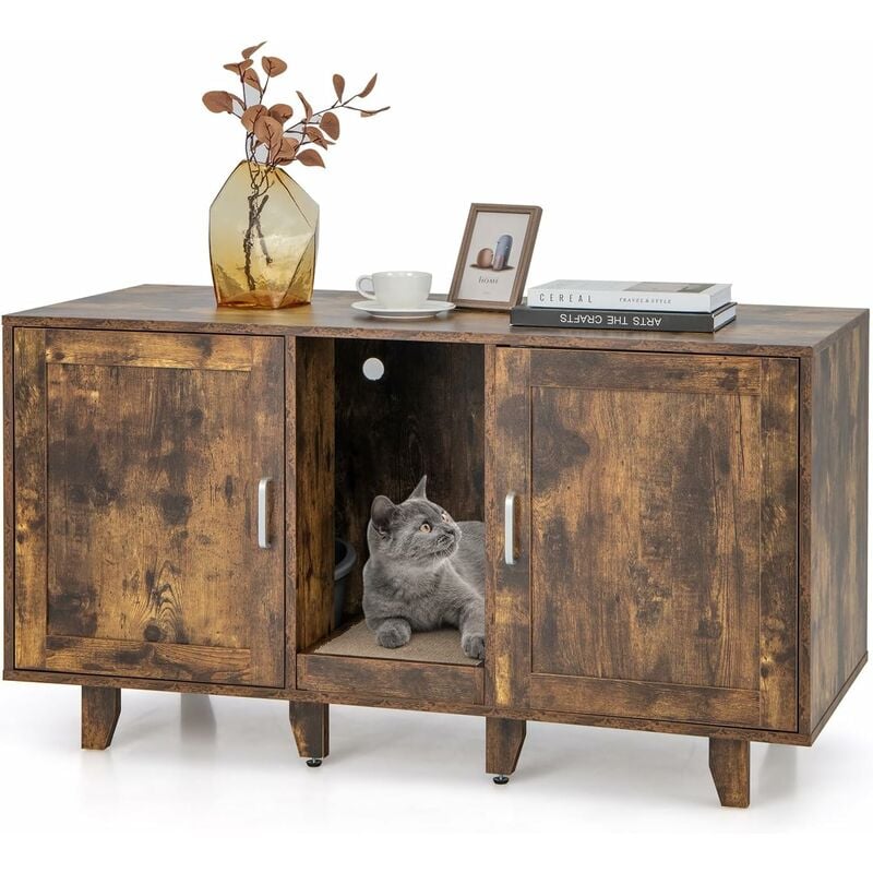 foto del prodotto costway mobile per lettiera per gatti 120 x 52 x 65 cm, casetta per gatti con 2 ante, fori, tiragraffi e gambe staccabili, mobile versatile e