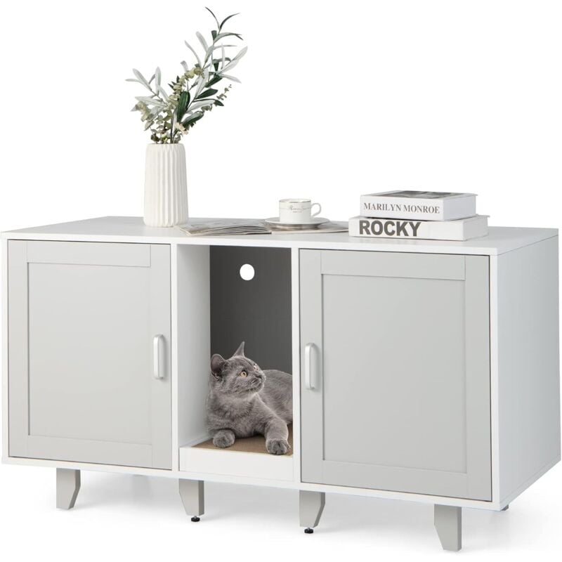 foto del prodotto costway mobile per lettiera per gatti, casetta per 2 gatti con 2 ante, fori, tiragraffi e gambe staccabili, mobiletto versatile e moderno per