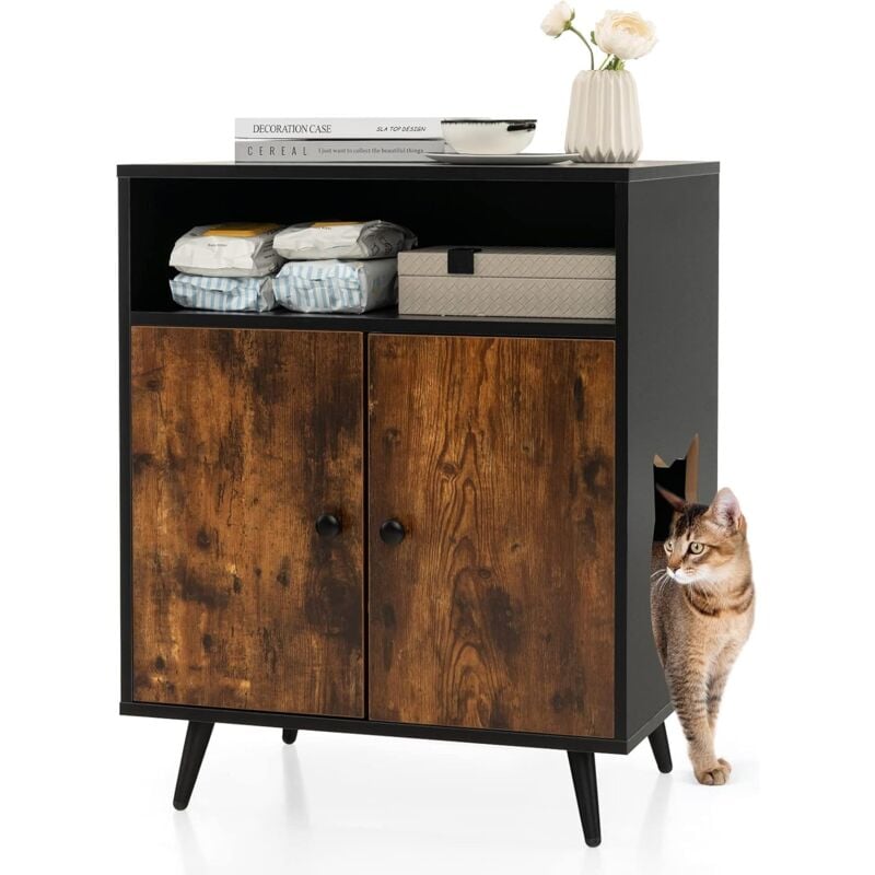 foto del prodotto costway mobile per lettiera per gatti, casetta per gatti con ingresso, gambe inclinate e scomparto aperto, tavolino in legno versatile per salotto,