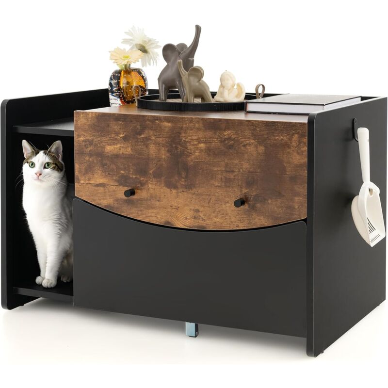 foto del prodotto costway mobile per lettiera per gatti con cassetto estraibile, ruote girevoli, anta a ribalta, mobile nascondi lettiera per gatti in legno per