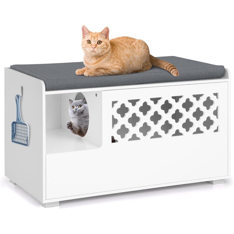 foto del prodotto costway mobile per lettiera per gatti, panca per lettiera per gatti, mobile contenitore con cuscino rimovibile per gatti da interno, bianco, 90 x