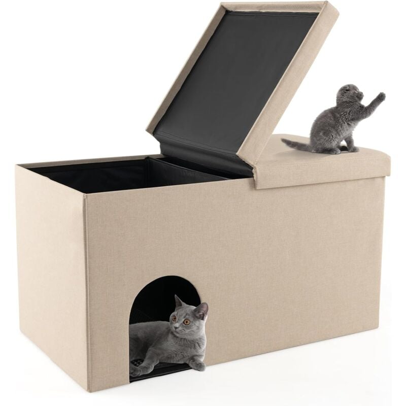 foto del prodotto costway mobile per lettiera per gatti, panca portaoggetti con tappetino impermeabile e filtro al carbone per il controllo degli odori e coperchio