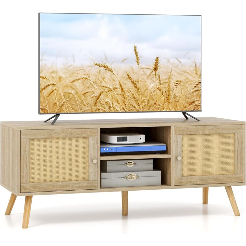 foto del prodotto costway mobile per tv fino a 55 pollici stile boho, mobile da soggiorno rattan pe con 2 ante 2 vani aperti e 5 gambe in legno, mobile tv in legno