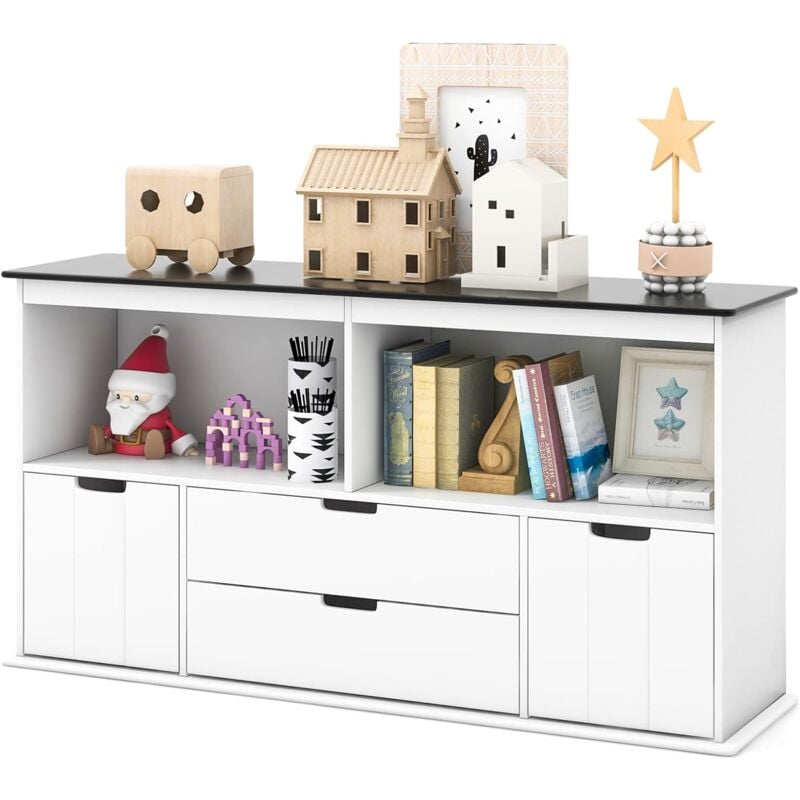 foto del prodotto costway mobile porta giochi con 4 cassetti, scaffale per bambini con piano a lavagna scrivibile e 2 vani aperti, mobiletto multiuso da cameretta