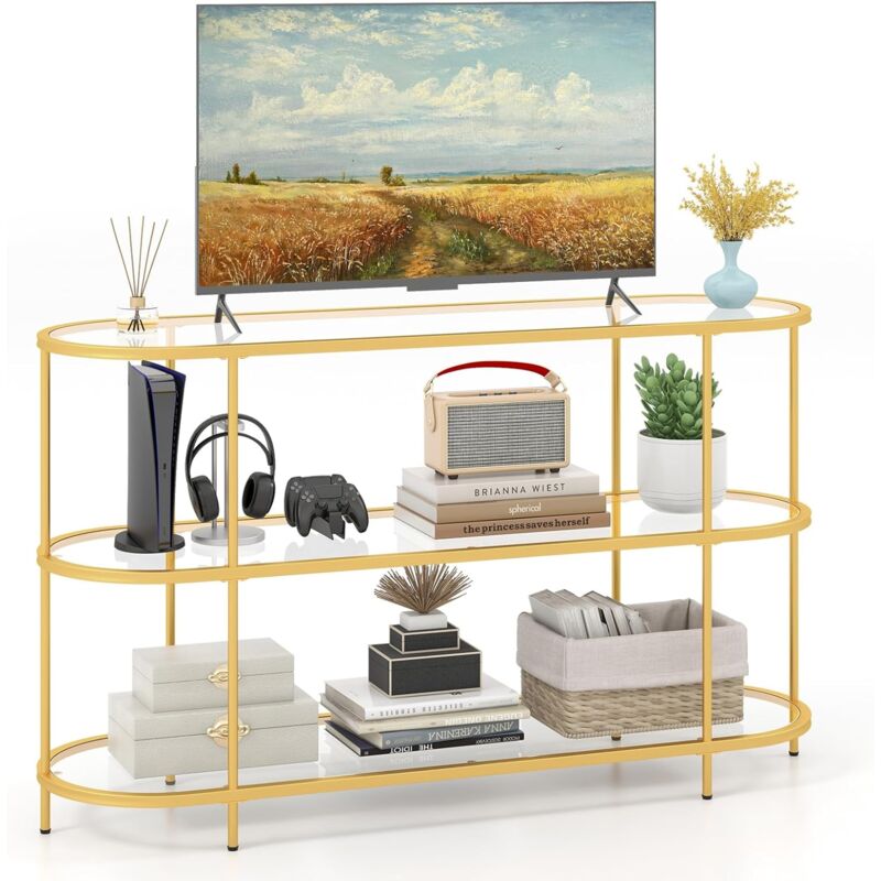 foto del prodotto costway mobile porta tv fino a 65 , tavolo consolle tv con 3 ripiani in vetro temperato, supporto tv con struttura in metallo, per soggiorno,