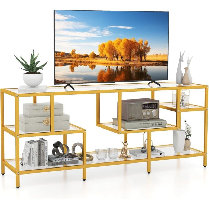 foto del prodotto costway mobile porta tv fino a 65 , tavolo consolle tv con mensole in vetro temperato, mobile tv con struttura in metallo, supporto tv con