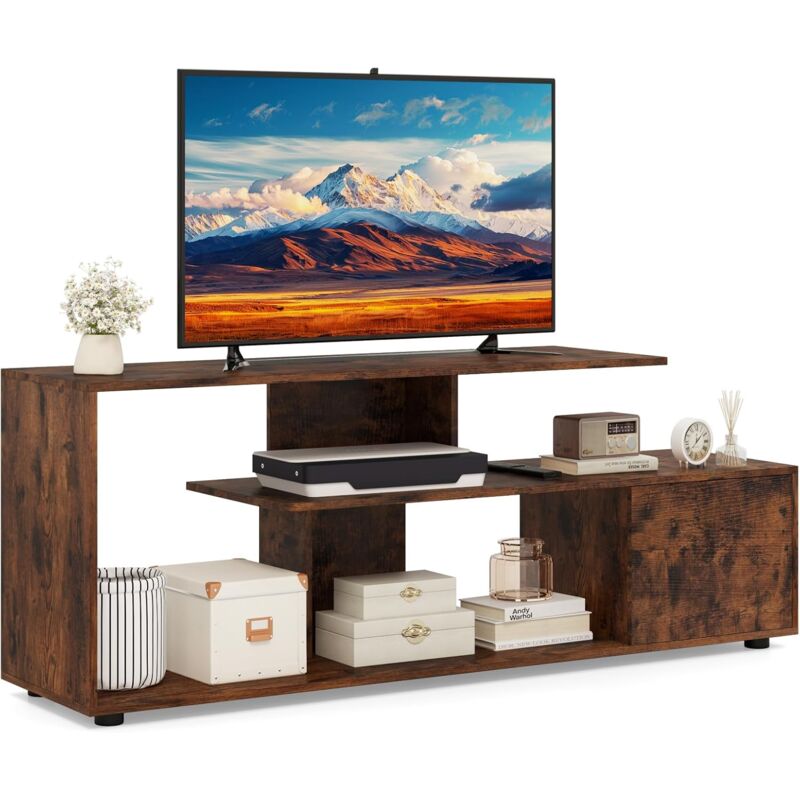 foto del prodotto costway mobile porta tv, per tv fino a 55 , console media a 3 ripiani asimmetrici con ripiani di stoccaggio e armadietto, mobile tv con cassetto,
