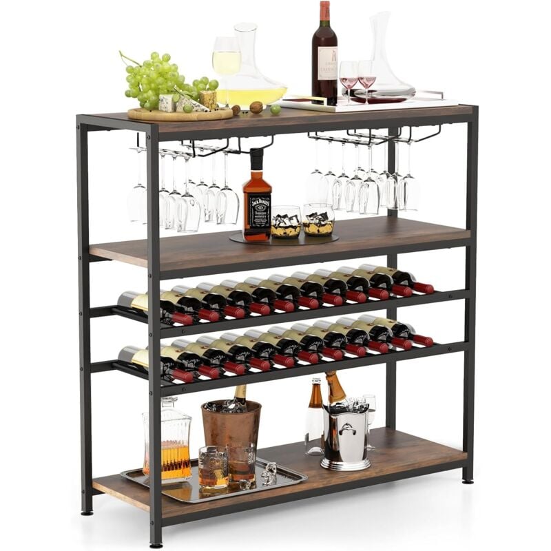 foto del prodotto costway mobile portabottiglie a 5 livelli, portabottiglie per vino da terra con 2 ripiani porta vini, 4 porta calici piano spazioso e ripiani