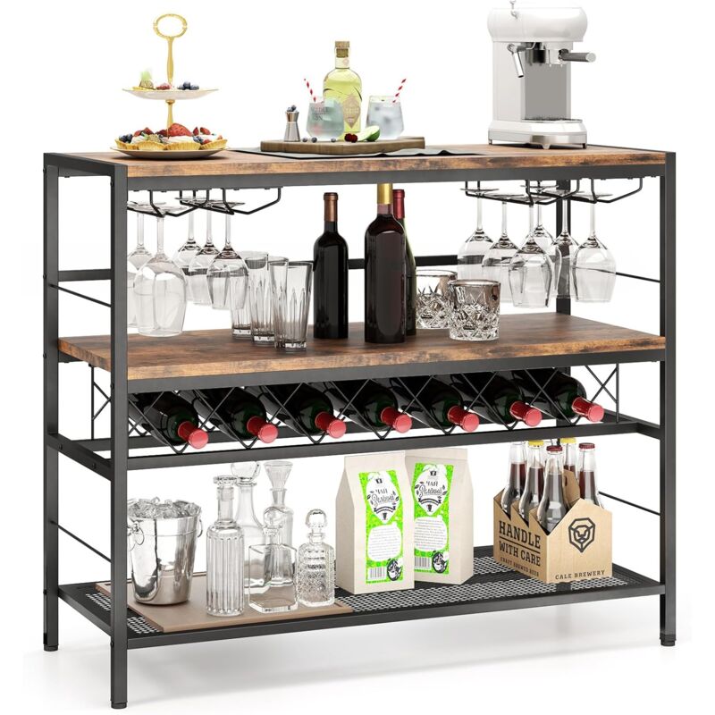 foto del prodotto costway mobile portabottiglie di vino e calici da terra, scaffale porta vino su 3 ripiani con supporti per bicchieri e bottiglie, tavolo porta vino