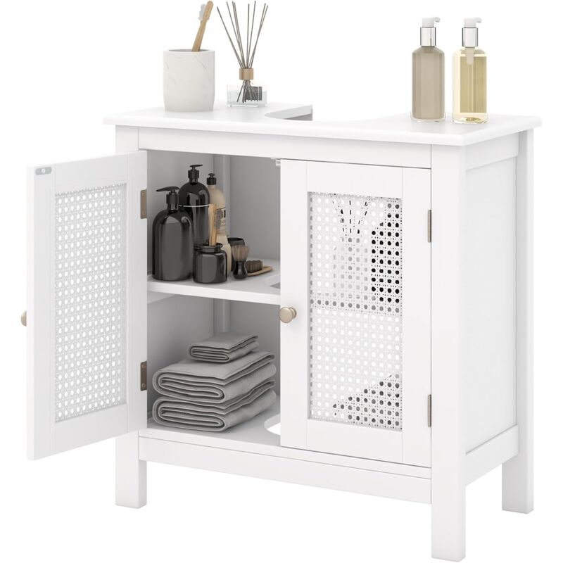 foto del prodotto costway mobile sottolavabo per bagno, armadietto a terro con 2 ante in rattan, ripiano e taglio a u 18 x 23cm, mobiletto a terra per tubo, bianco