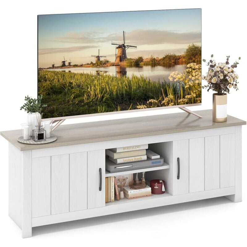 foto del prodotto costway mobile tv con 2 ante per tv fino a 65 , mobile porta tv in legno con ripiani aperti, mobile per tv in legno per soggiorno, 145 x 39,5 x