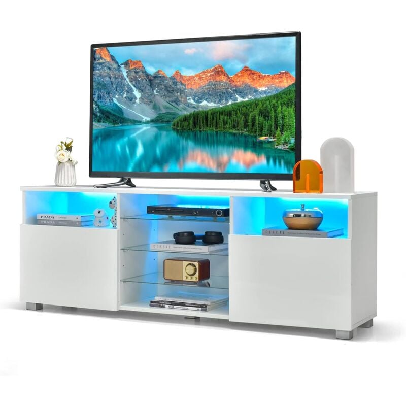 foto del prodotto costway mobile tv con luci led per televisori fino a 65 pollici, moderno centro multimediale con ripiani in vetro regolabili, mobile porta tv a due