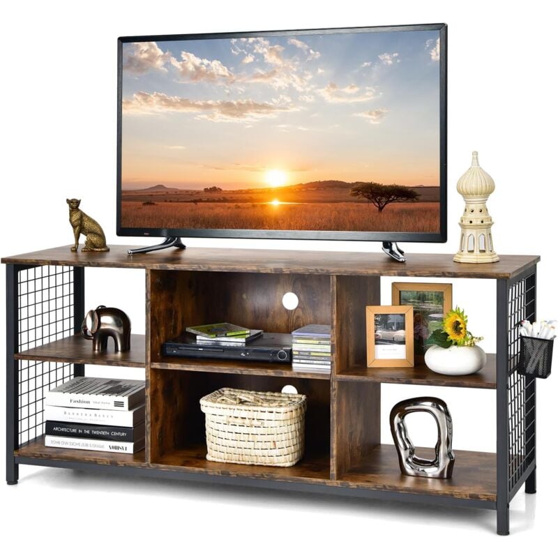 foto del prodotto costway mobile tv industriale fino a 65 , tavolo multimediale a 3 ripiani con cesto portaoggetti, mobile tv in legno con 2 fori per la gestione dei