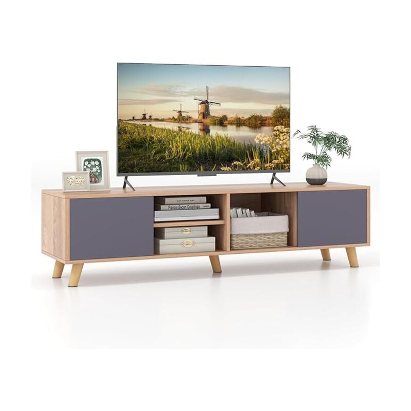 foto del prodotto costway mobile tv per tv fino a 65, mobile tv in stile rustico moderno con ripiano aperto, console tv con 3 fori per la gestione dei cavi, tavolo