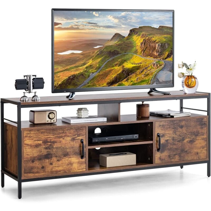 foto del prodotto costway mobile tv per tv fino a 65 pollici, mobile porta tv da 147cm stile vintage, console multimediale con ripiano aperto rustico marrone 