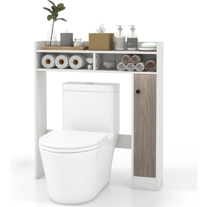 foto del prodotto costway mobiletto da bagno sopra wc, organizzatore da bagno con ripiani regolabili anta singola e ripiani aperti, ideale per bagno lavanderia,