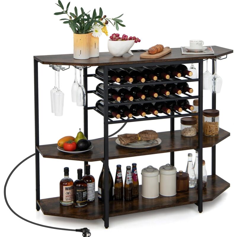 foto del prodotto costway mobiletto portabottiglie da vino a 3 livelli, con ripiani di stoccaggio, porta bicchieri, porta bottiglie, prolunghe elettriche, per