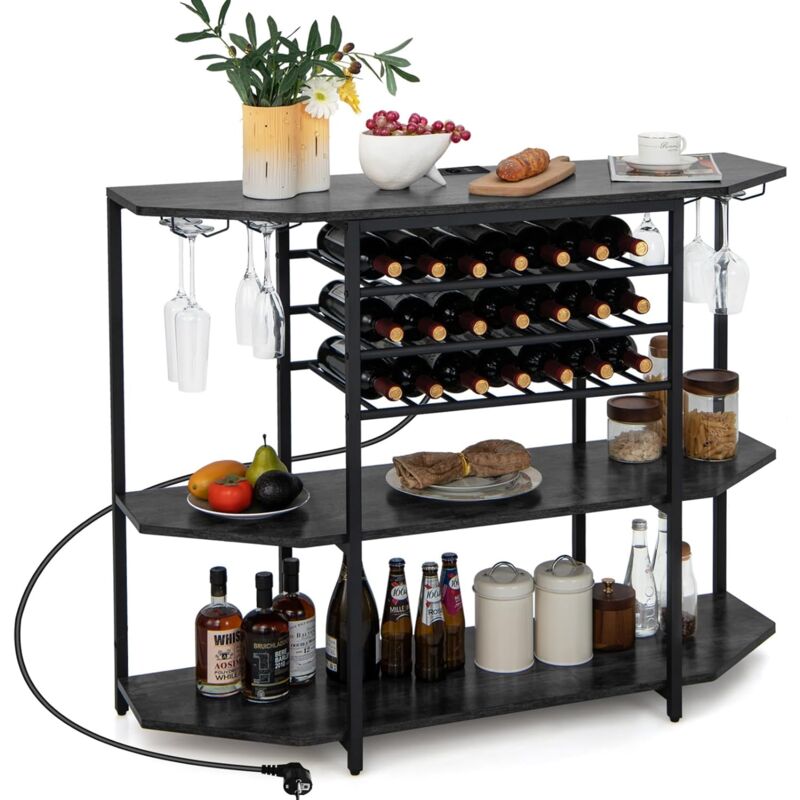 foto del prodotto costway mobiletto portabottiglie da vino a 3 livelli, con ripiani di stoccaggio, porta bicchieri, porta bottiglie, prolunghe elettriche, per
