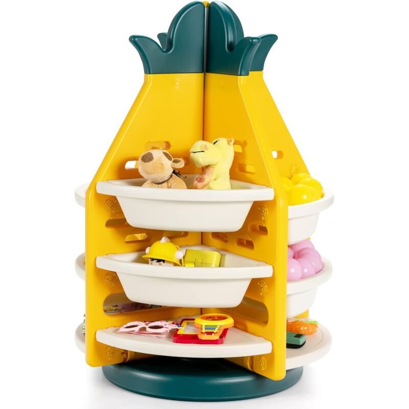 foto del prodotto costway organizer giocattoli per bambini girevole a 360 , scaffale portaoggett a forma di ananas con 3 livelli 8 cesti di plastica e 4 mensole, giallo