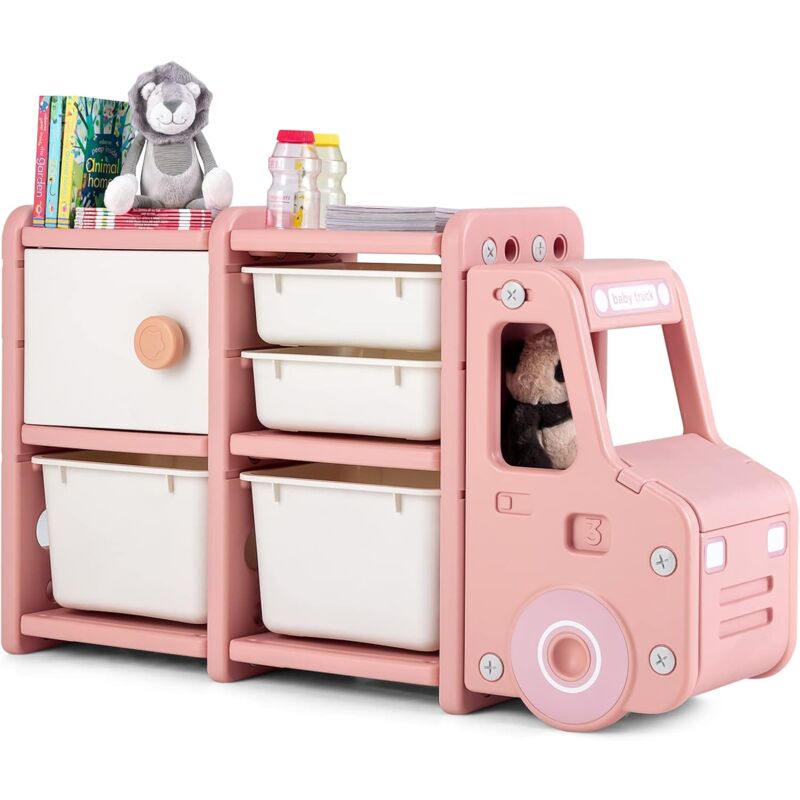 foto del prodotto costway organizer per giocattoli con scatole per bambini, scaffale multilivello in hdpe a forma di camion, scaffale per giocattoli con 2 livelli e