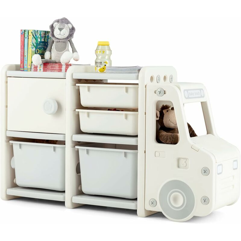 foto del prodotto costway organizer per giocattoli con scatole per bambini, scaffale multilivello in hdpe a forma di camion, scaffale per giocattoli con 2 livelli e