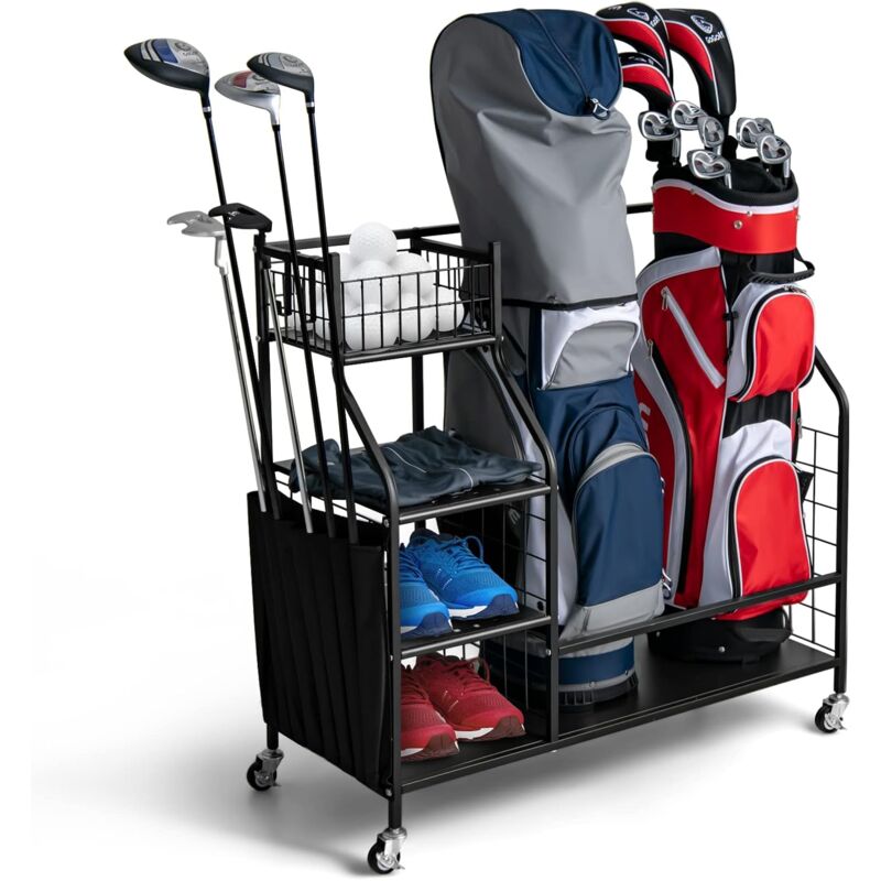 foto del prodotto costway organizer per sacca da golf per garage, carrello per 2 borse da golf con ruote bloccabili, ganci e tasche porta mazze da golf, organizer