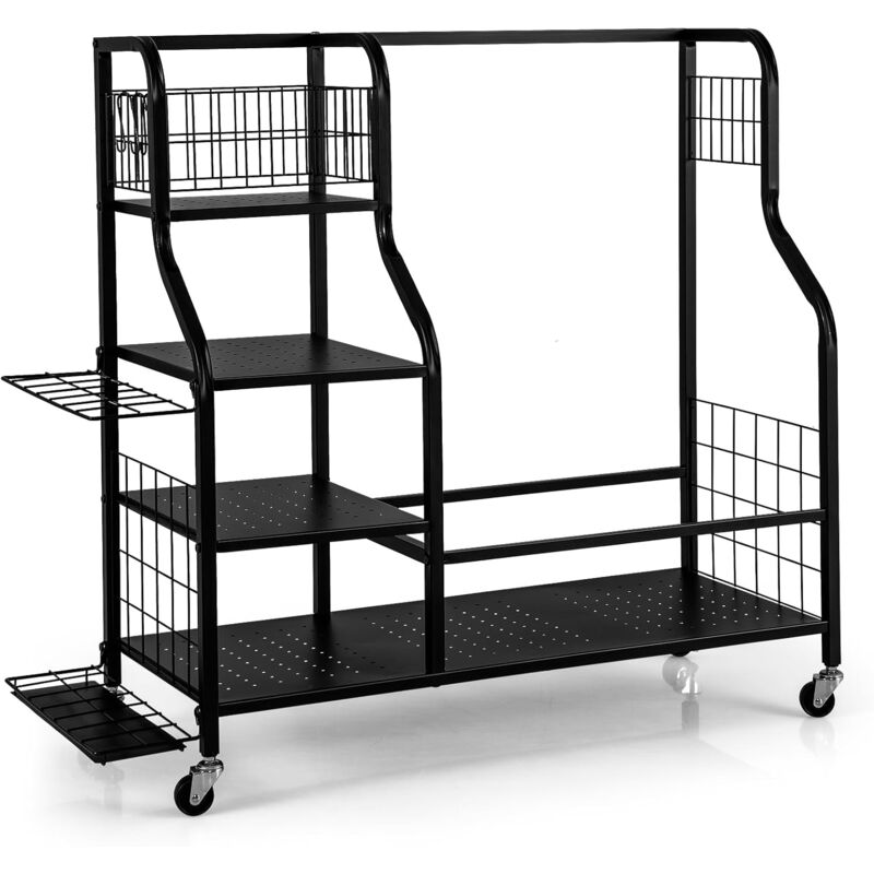 foto del prodotto costway organizer per sacca da golf, supporto per 2 borse da golf con extra scaffale di stoccaggio per mazze da golf, 6 ganci rimovibili e 4 ruote