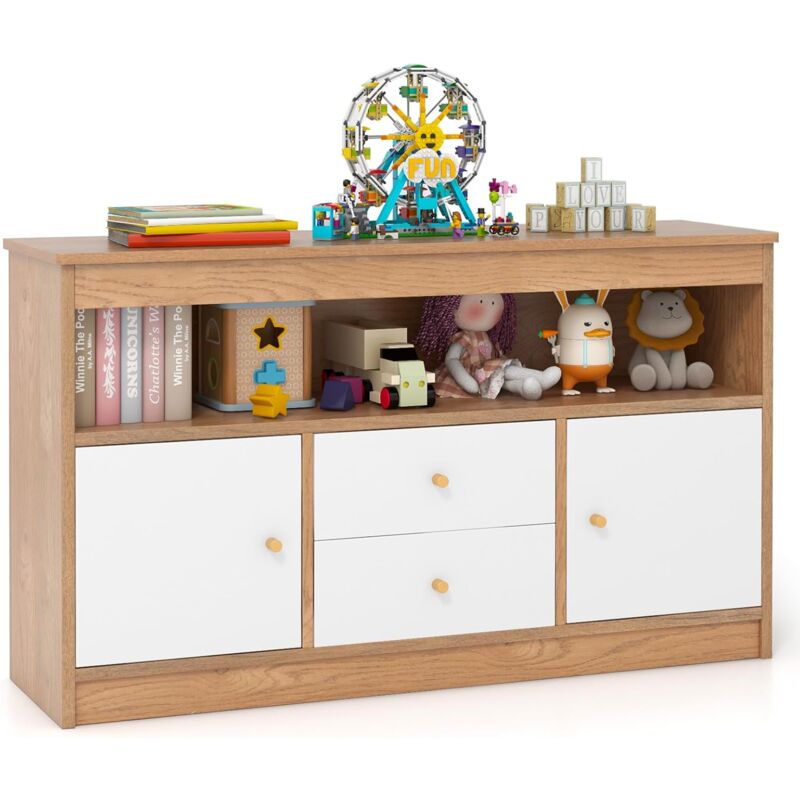 foto del prodotto costway organizzatore per giocattoli per bambini, scaffale in legno con scomparto aperto 2 cassetti e 2 ante, mobile multifunzionale per sala