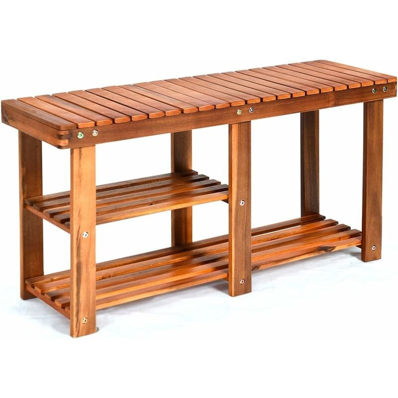 foto del prodotto costway panca scarpiera a 3 livelli, scarpiera con seduta in legno di acacia con ripiano per stivali, portata 160kg, per ingresso bagno soggiorno