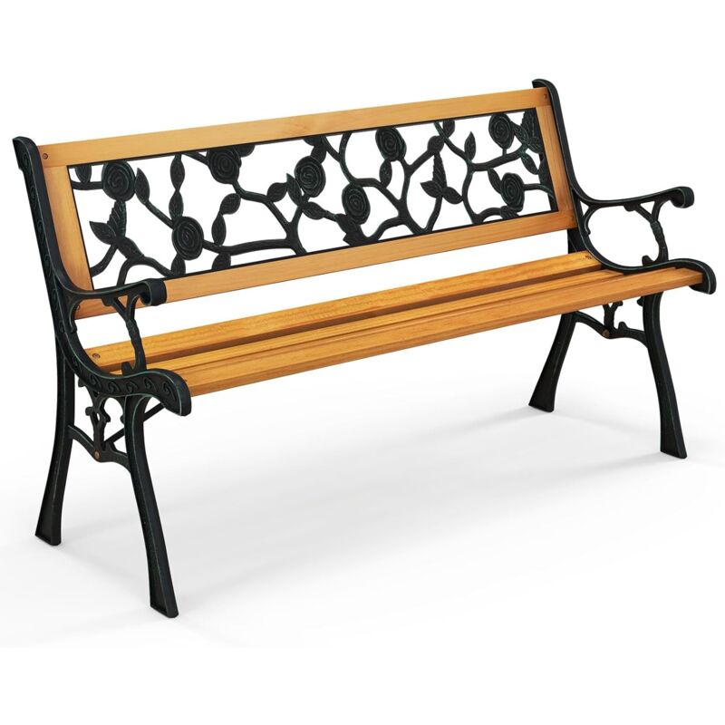 foto del prodotto costway panchina da giardino in metallo e legno, panca da esterno con braccioli curvi e schienale attraente, panca ergonomica per 3 persone da