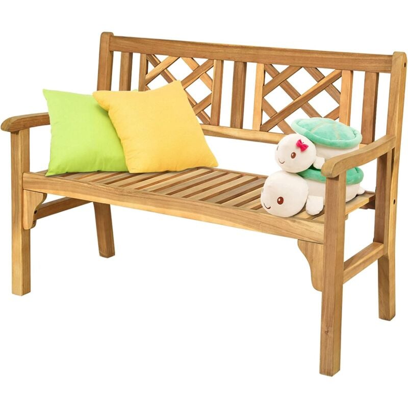 foto del prodotto costway panchina pieghevole per cortile, panca 120 cm da esterno in legno di acacia, panchina per 2 persone con schienale curvo e braccioli,