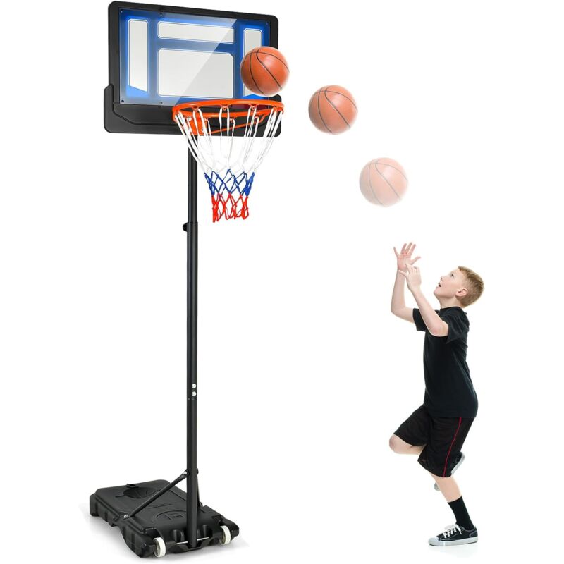 foto del prodotto costway panier de basketball sur pieds avec hauteur r glable 90 210 cm, support de basket roulettes avec base remplissable panneau en pe, pour