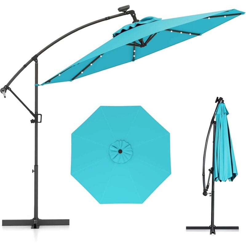 foto del prodotto costway parasol d port excentr 3m, 32 led solaire, inclinable et rotation 360 , 8 baleines, base crois e, parasol manivelle pour jardin