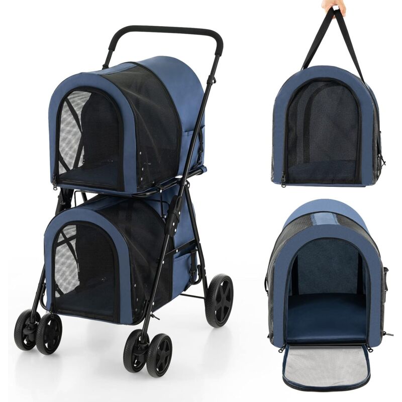 foto del prodotto costway passeggino per animali domestici, carrello multifunzionale 4 in 1 a doppio livello, passeggino pieghevole smontabile con 4 ruote, ideale