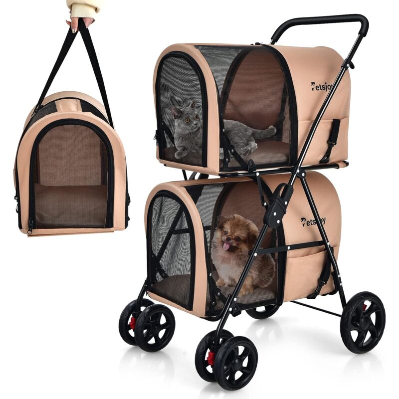 foto del prodotto costway passeggino per animali domestici, carrello multifunzionale 4 in 1 a doppio livello, passeggino pieghevole smontabile con 4 ruote, ideale