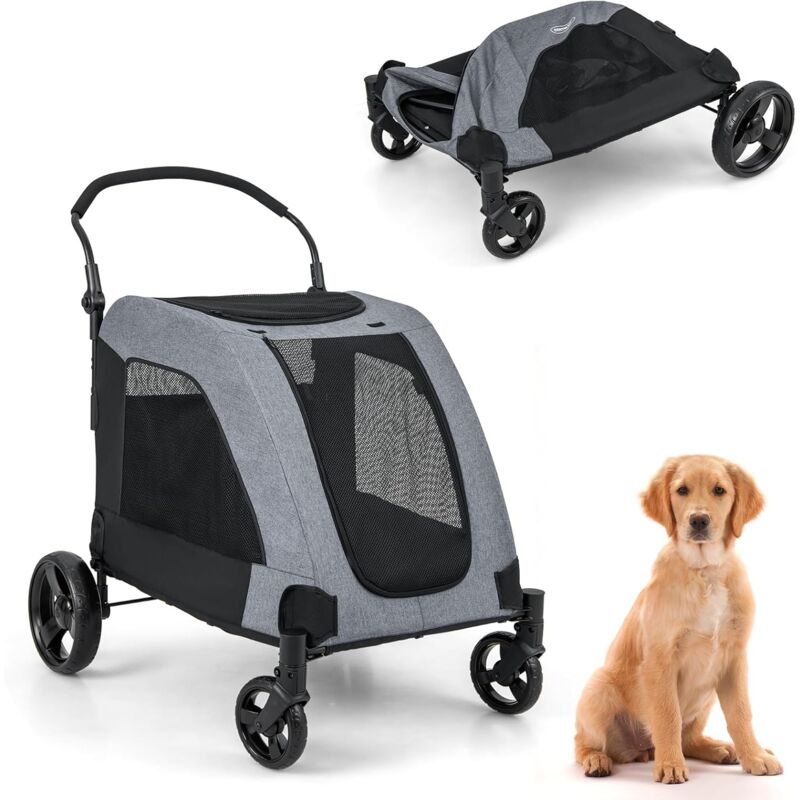 foto del prodotto costway passeggino per cani di taglia media e grande, passeggino pieghevole per animali a 4 ruote con porta anteriore, lucernario, maniglia