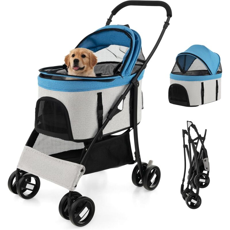 foto del prodotto costway passeggino per cani pieghevole 3 in 1, carrello per animali domestici con tettuccio regolabile e cesto, trasportino a 4 ruote per cani di