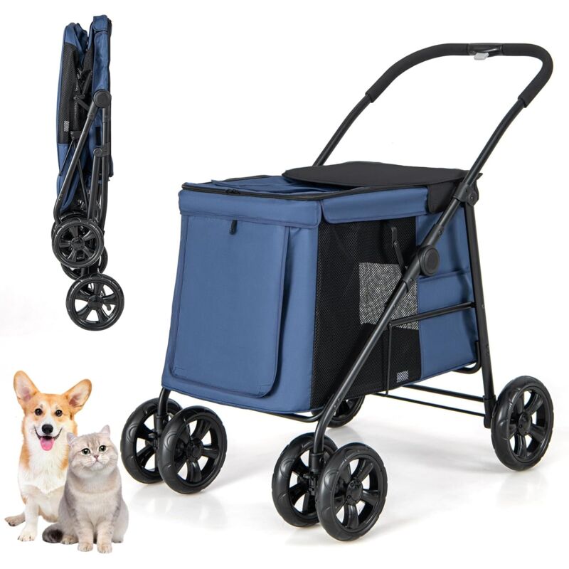 foto del prodotto costway passeggino per cani pieghevole, carrello a 4 ruote per animali domestici piccoli e medi, trasportino portatile con ruote, lucernario e