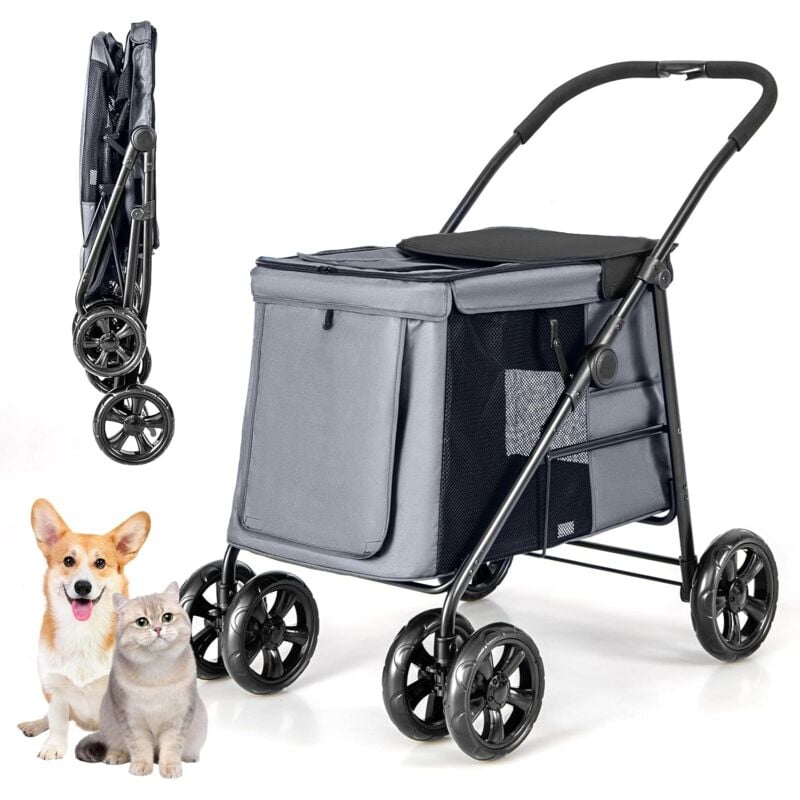 foto del prodotto costway passeggino per cani pieghevole, carrello a 4 ruote per animali domestici piccoli e medi, trasportino portatile con ruote, lucernario e