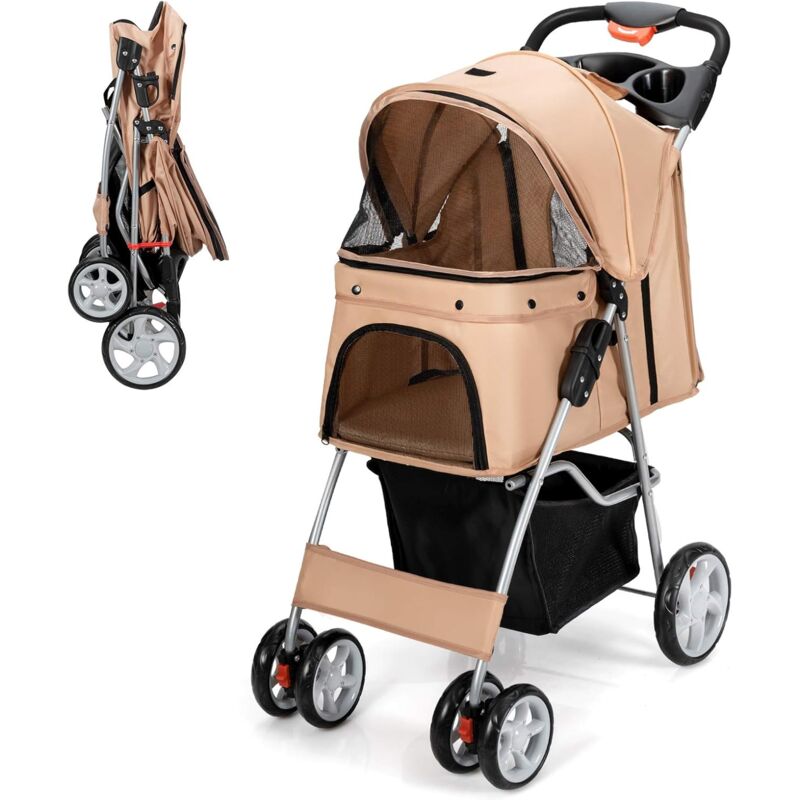 foto del prodotto costway passeggino pieghevole per animali domestici, passeggino a 4 ruote per cani con finestra a rete porta bicchiere e cesto, carrozzina