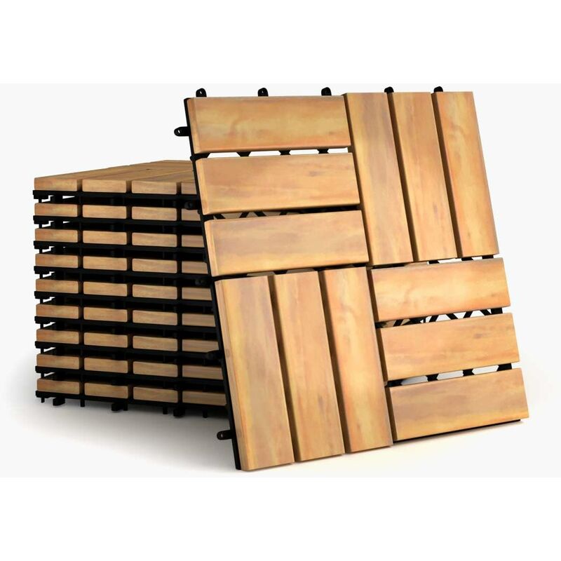 foto del prodotto costway piastrelle in legno di acacia per veranda, sistema ad incastro 30x30cm, piastrelle per pavimentazione, 10pz, righe miscolate