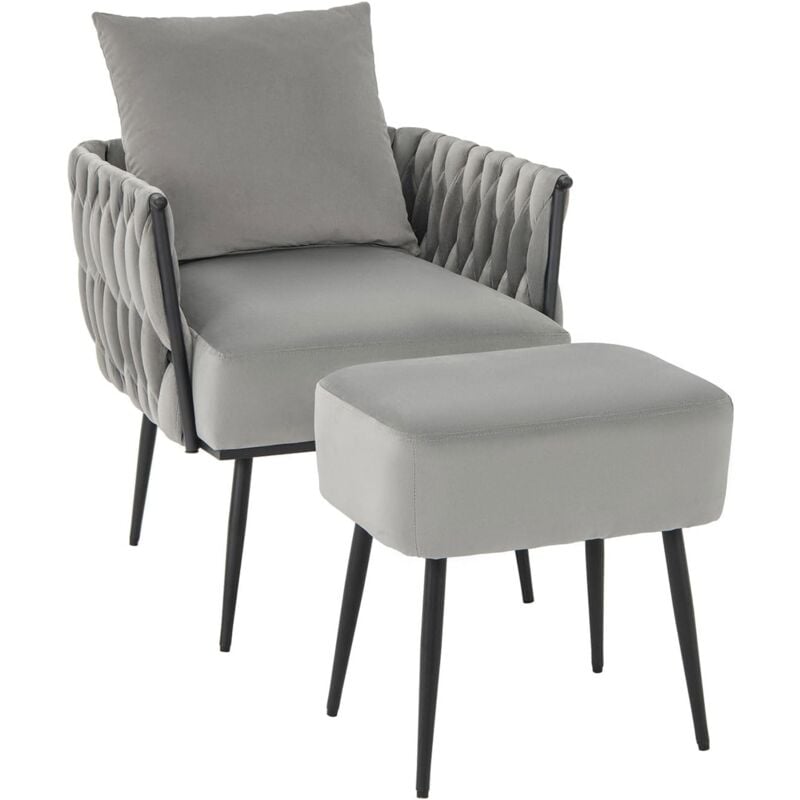 foto del prodotto costway poltrona moderna in velluto, set sedia con poggiapiedi, poltroncina relax con schienale e braccioli, poltrona con cuscino e piedini