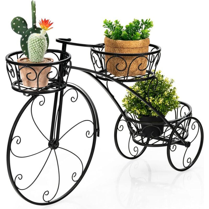 foto del prodotto costway porta piante da interno ed esterno, scaffale per piante e fiori a forma di triciclo con 3 cesti cavi, porta vasi da salotto, giardino e