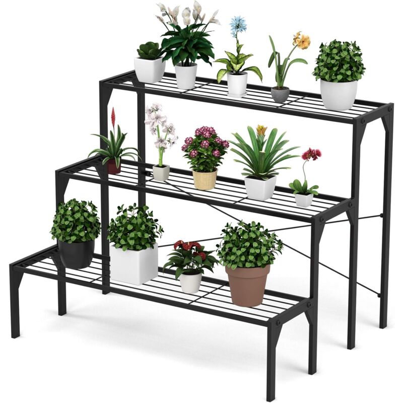 foto del prodotto costway porta piante di metallo a 3 livelli, scaffale per fiori con struttura resistente, organizer scaffale salva spazio da interno ed esterno,